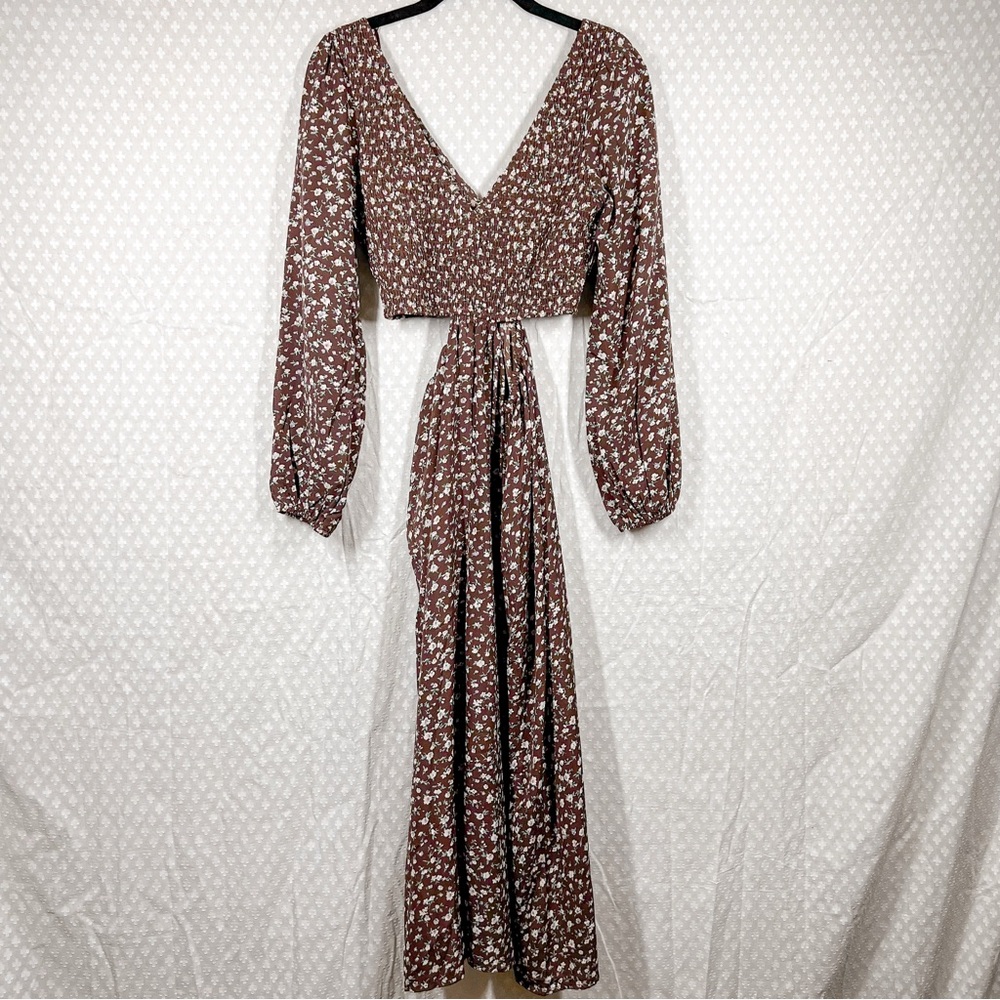 Petal + Pup Brown Floral Smocked Open Sides Boho Maxi Dress